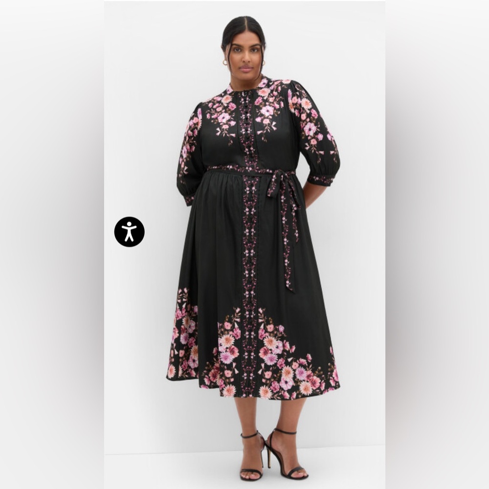 City Chic 18 Annabelle Button Closure Midi Dress Black Pink Floral Cottagecore